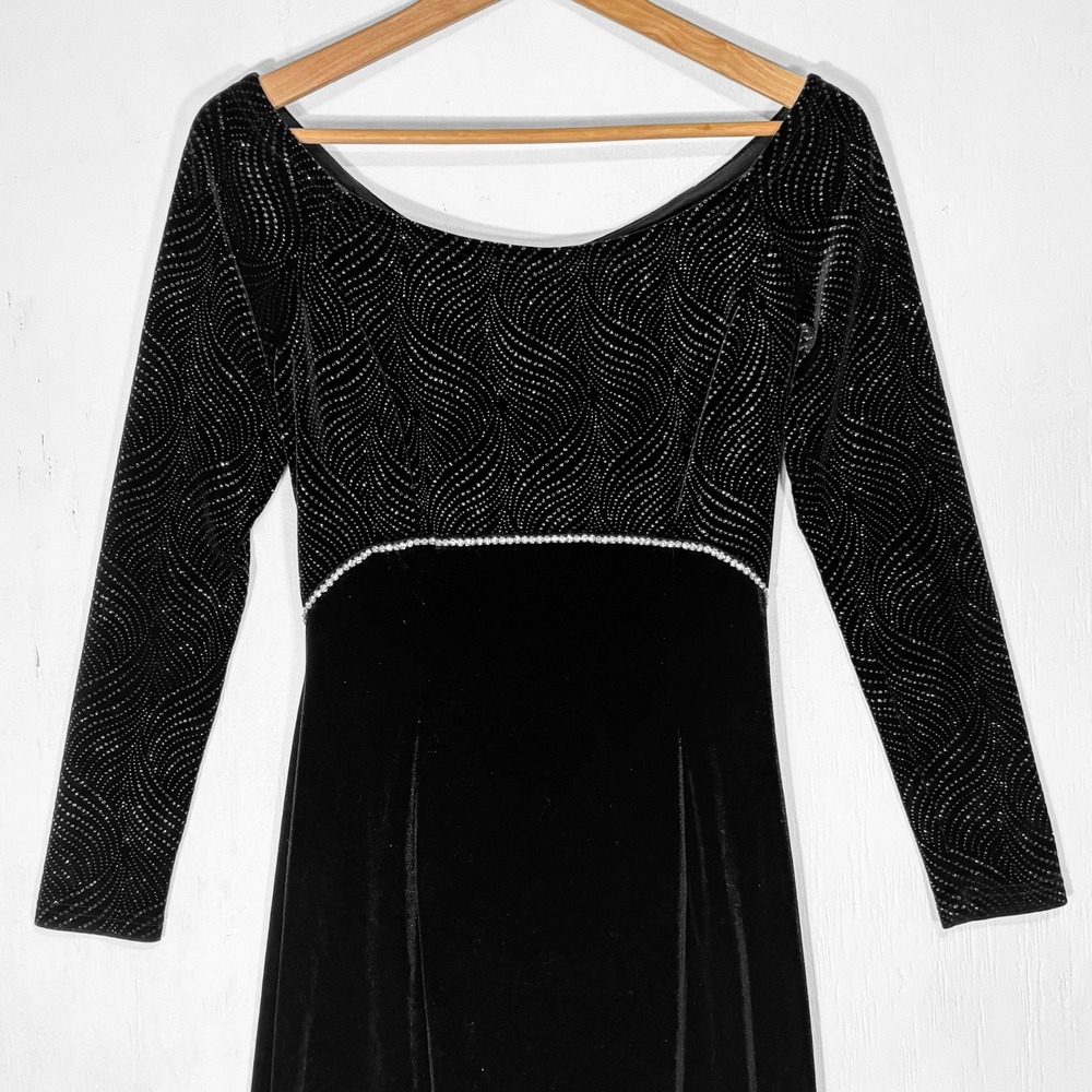 VTG 90s Scott McClintock Black Velvet Glitter Long Sleeve Gown Size 4 Whimsygoth